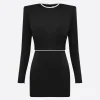 Crystal Trimmed Long Sleeve Mini Dress in Satin