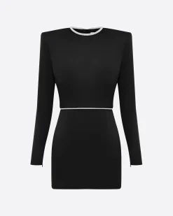 Crystal Trimmed Long Sleeve Mini Dress in Satin