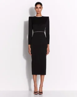 Crystal Trimmed Long Sleeve Dress in Satin
