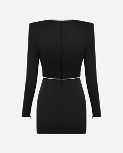 Crystal Trimmed Long Sleeve Mini Dress in Satin