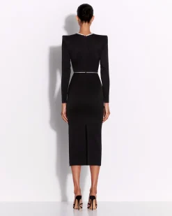 Crystal Trimmed Long Sleeve Dress in Satin