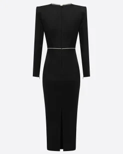 Crystal Trimmed Long Sleeve Dress in Satin