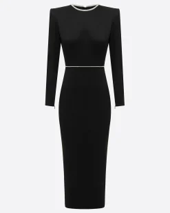 Crystal Trimmed Long Sleeve Dress in Satin