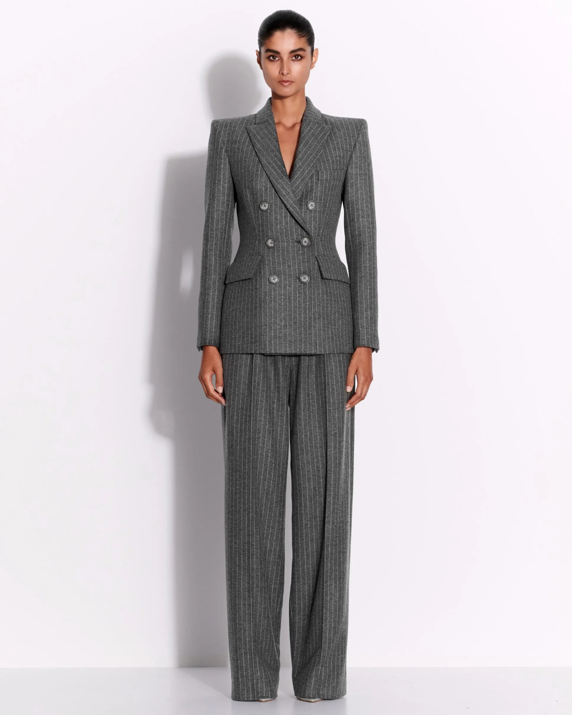 Double Breasted Fitted Blazer in Wool Pinstripe