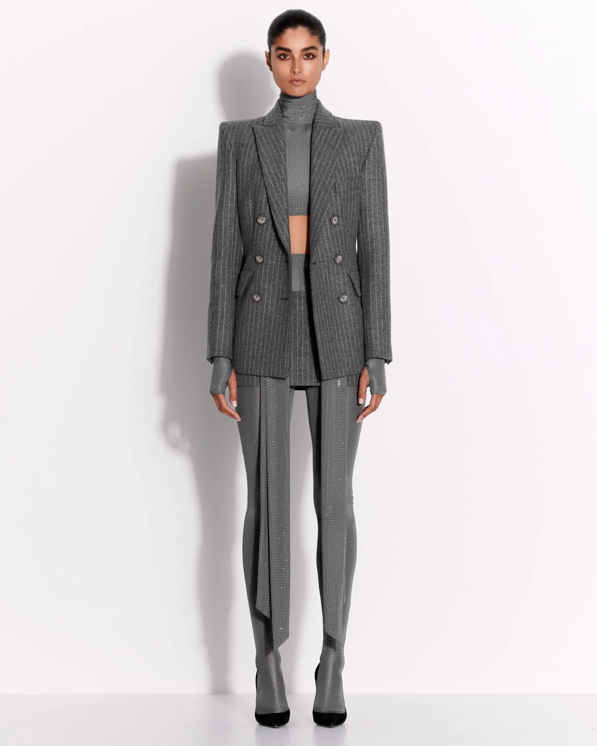 Double Breasted Fitted Blazer in Wool Pinstripe