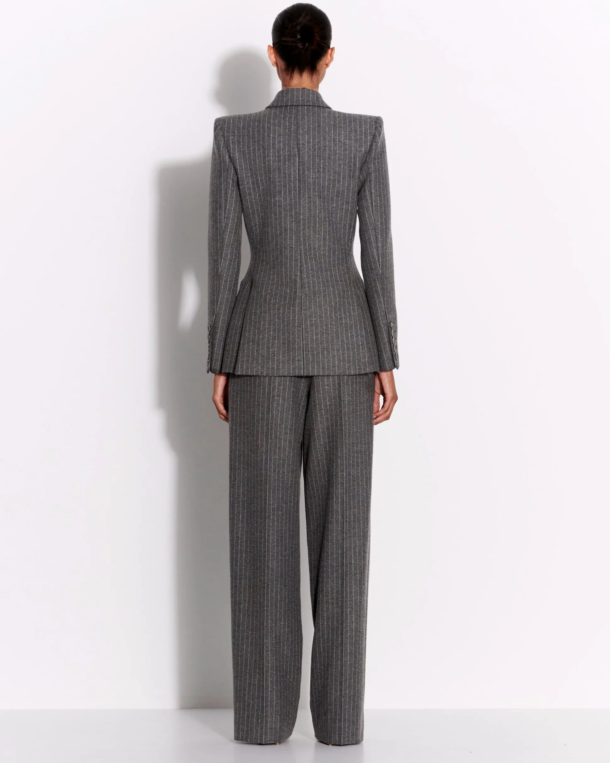 Double Breasted Fitted Blazer in Wool Pinstripe