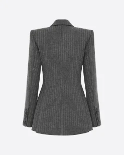 Double Breasted Fitted Blazer in Wool Pinstripe