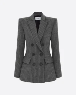Double Breasted Fitted Blazer in Wool Pinstripe
