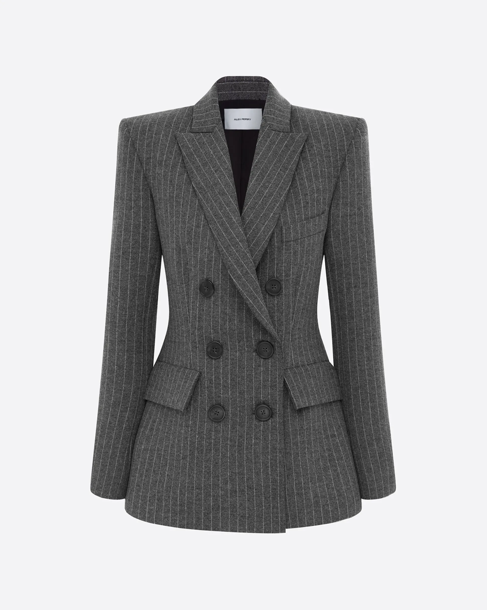 Double Breasted Fitted Blazer in Wool Pinstripe