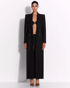 Double Breasted Fitted Coat in Wool Pinstripe