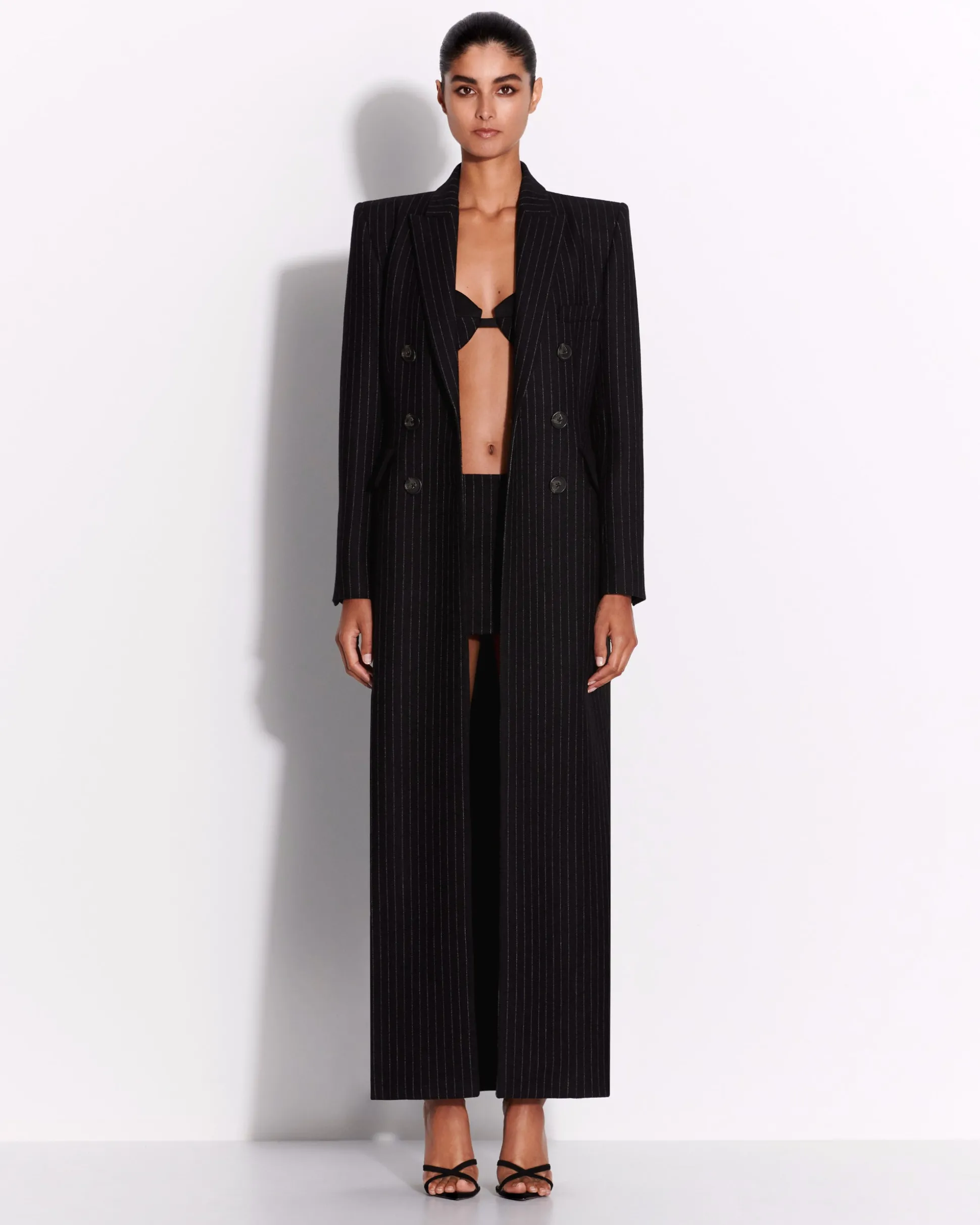 Double Breasted Fitted Coat in Wool Pinstripe