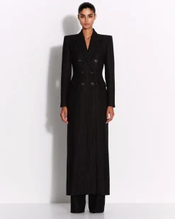 Double Breasted Fitted Coat in Wool Pinstripe