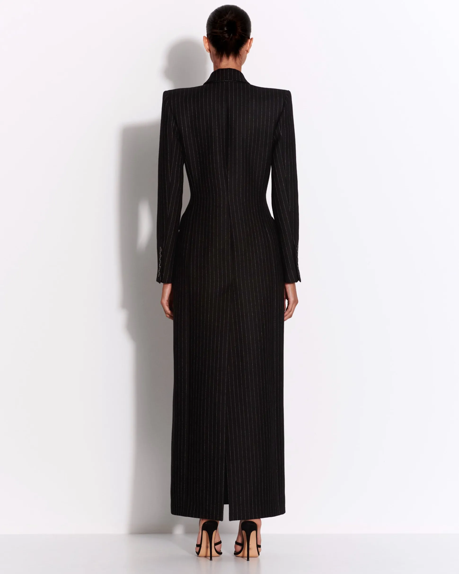 Double Breasted Fitted Coat in Wool Pinstripe