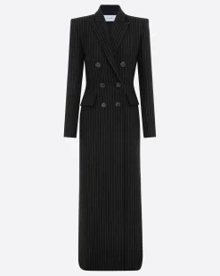 Double Breasted Fitted Coat in Wool Pinstripe