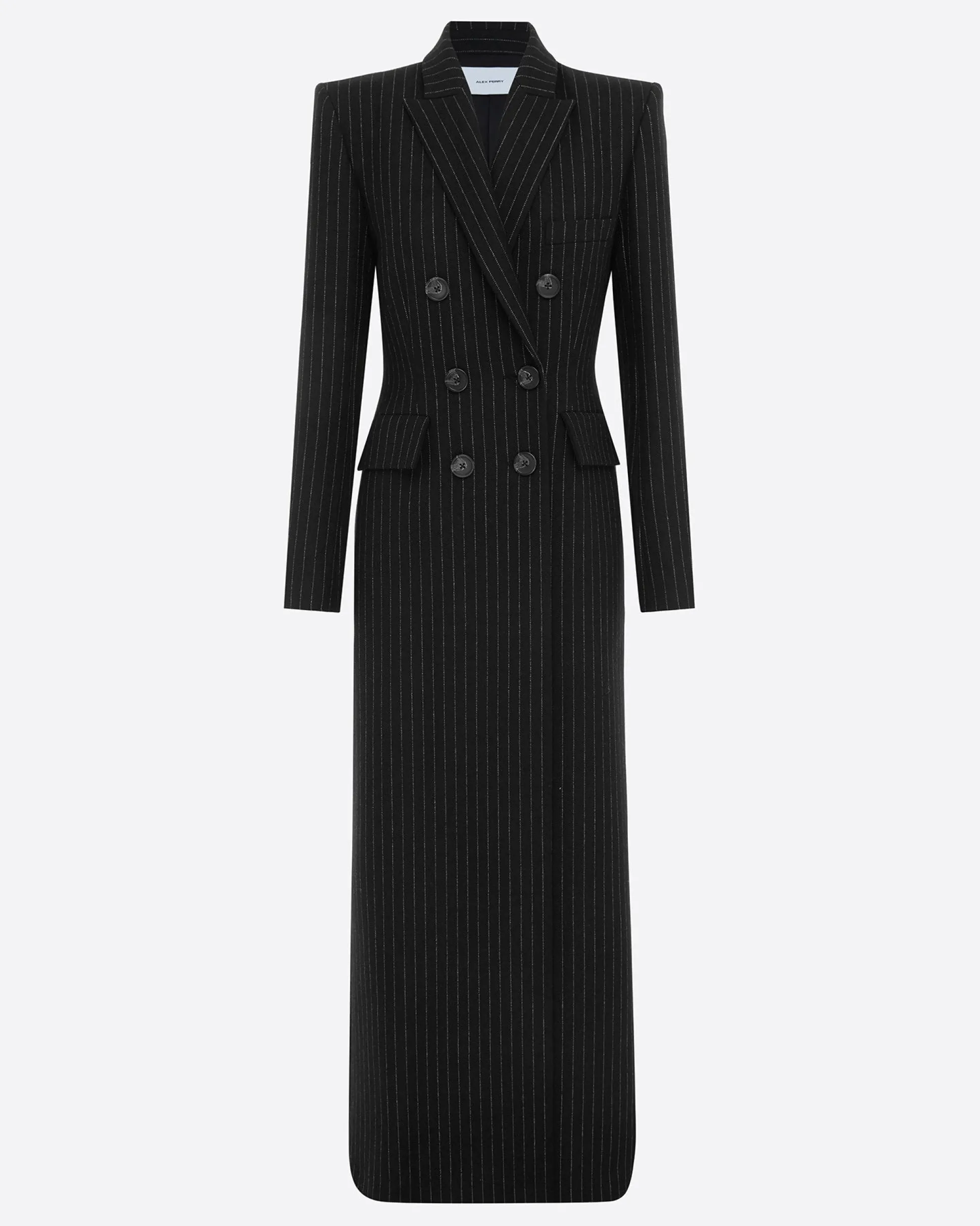 Double Breasted Fitted Coat in Wool Pinstripe