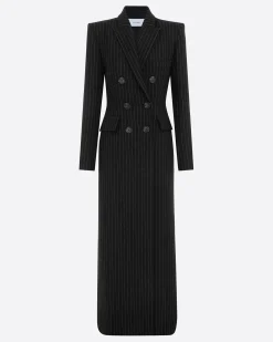 Double Breasted Fitted Coat in Wool Pinstripe
