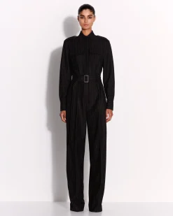 Long Sleeve Belted Jumpsuit in Wool Pinstripe