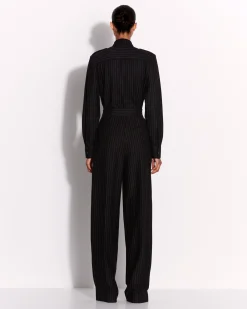 Long Sleeve Belted Jumpsuit in Wool Pinstripe