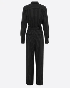 Long Sleeve Belted Jumpsuit in Wool Pinstripe