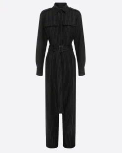Long Sleeve Belted Jumpsuit in Wool Pinstripe