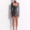 Long Sleeve Mini Dress in Printed Velvet