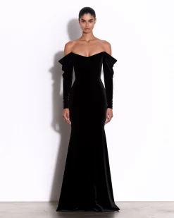 Long Sleeve Off Shoulder Gown in Velvet