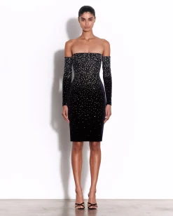 Long Sleeve Off Shoulder Dress in Crystal Velvet