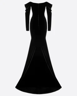 Long Sleeve Off Shoulder Gown in Velvet