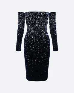 Long Sleeve Off Shoulder Dress in Crystal Velvet