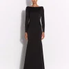Long Sleeve Open Back Drape Gown in Satin Crepe