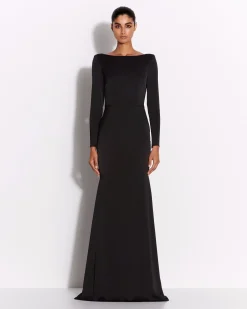 Long Sleeve Open Back Drape Gown in Satin Crepe