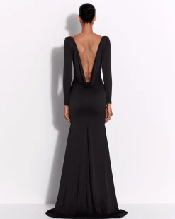 Long Sleeve Open Back Drape Gown in Satin Crepe