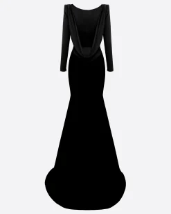 Long Sleeve Open Back Drape Gown in Satin Crepe