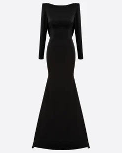 Long Sleeve Open Back Drape Gown in Satin Crepe