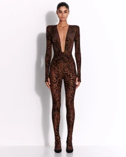 Long Sleeve V Catsuit in Leopard Burnout