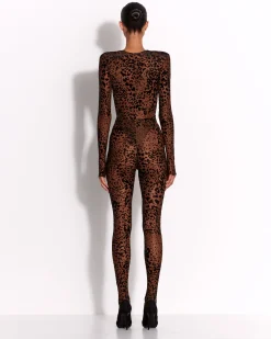 Long Sleeve V Catsuit in Leopard Burnout