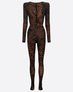 Long Sleeve V Catsuit in Leopard Burnout