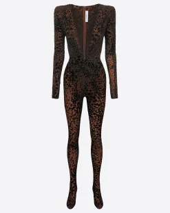 Long Sleeve V Catsuit in Leopard Burnout