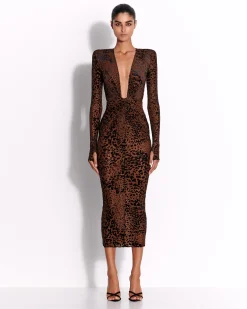 Long Sleeve V Dress in Leopard Burnout
