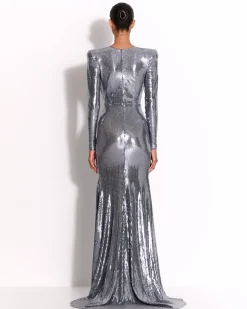 Long Sleeve V Gown in Sequin