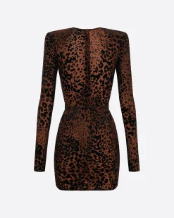 Long Sleeve V Mini Dress in Leopard Burnout