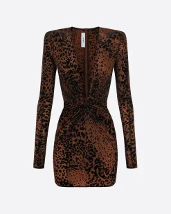 Long Sleeve V Mini Dress in Leopard Burnout