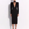 Long Sleeve V Neck Dress in Satin Crepe