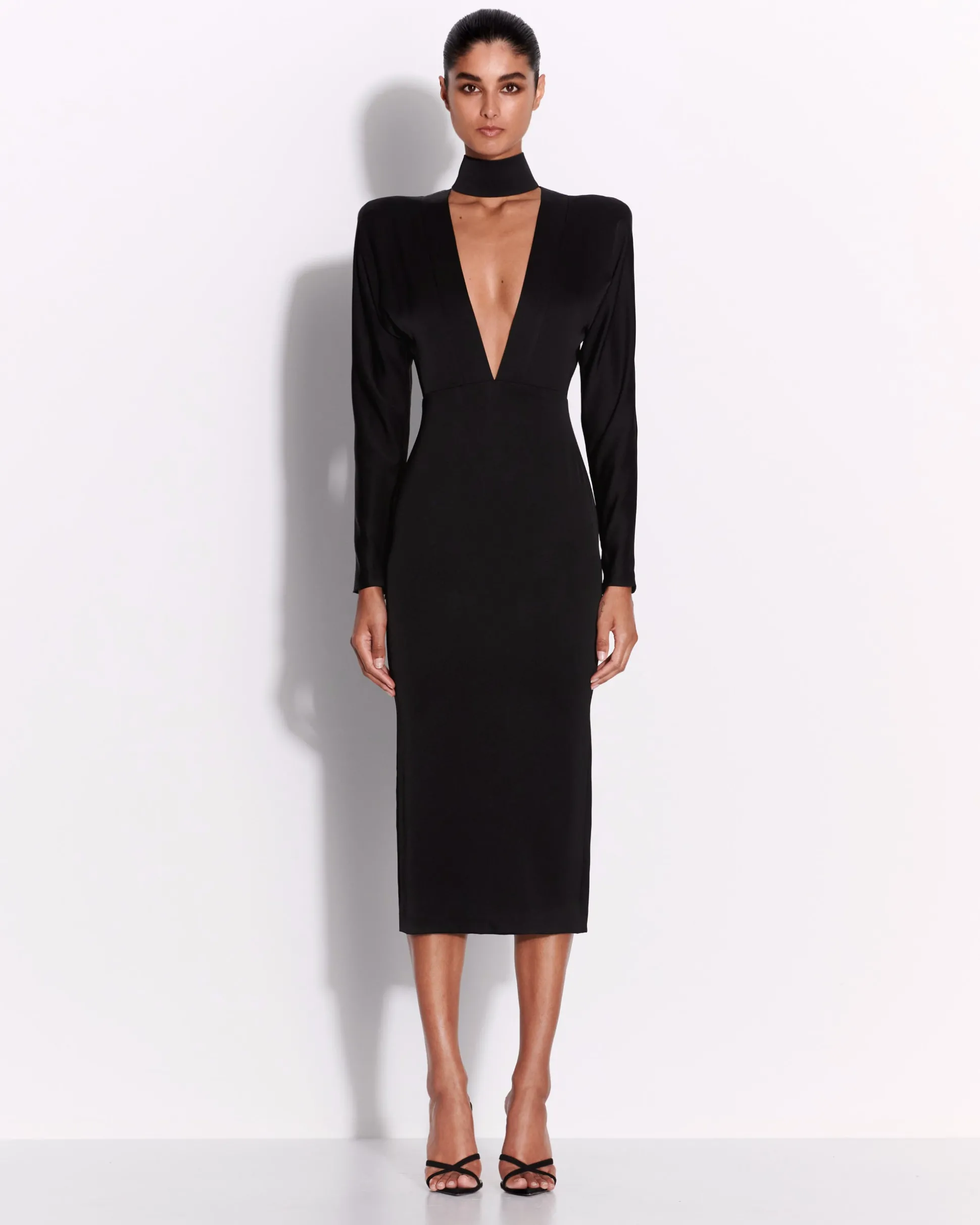 Long Sleeve V Neck Dress in Satin Crepe