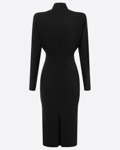 Long Sleeve V Neck Dress in Satin Crepe