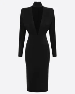 Long Sleeve V Neck Dress in Satin Crepe