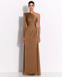 One Sleeve Twist Gown in Satin Crepe