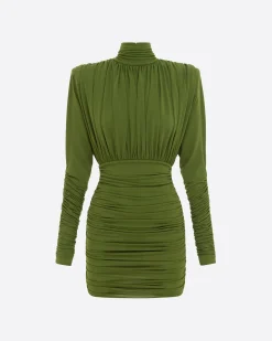 Ruched Turtleneck Mini Dress in Crepe Jersey
