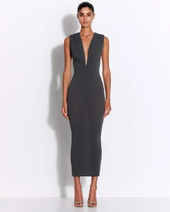 Ruched V Neck Dress in Crepe Jersey
