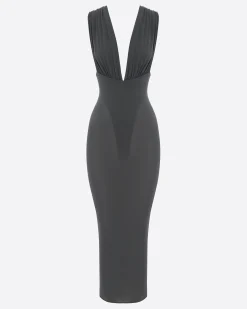Ruched V Neck Dress in Crepe Jersey